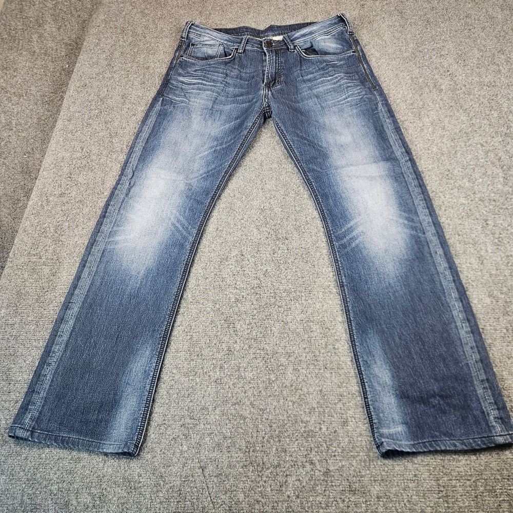 Buffalo David Bitton Mens Blue Straight Leg Jeans Faded Whiskered 34x30 13203-B
